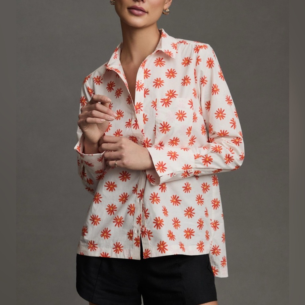 Anthropologie White Button-Up Shirt with Orange Daisy Print